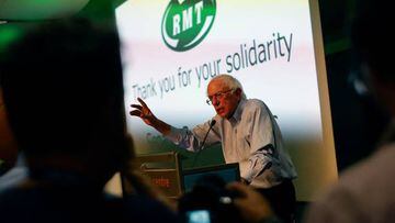 US senator Bernie Sanders speaks during a RMT (Rail, Maritime and Transport Workers) union rally in support of London transport workers, at the Trades Union Congress (TUC) headquarters in London, on August 31, 2022. (Photo by CARLOS JASSO / AFP) (Photo by CARLOS JASSO/AFP via Getty Images)