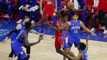 PHILADELPHIA, PENNSYLVANIA - MAY 14: Tyrese Maxey #0 of the Philadelphia 76ers passes during the fourth quarter against the Orlando Magic at Wells Fargo Center on May 14, 2021 in Philadelphia, Pennsylvania. NOTE TO USER: User expressly acknowledges and ag