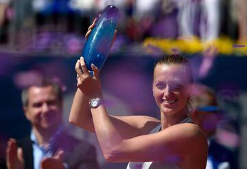 Petra Kvitova celebrates with the trophy at the WTA Prague Open