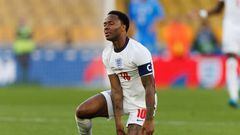 WOLVERHAMPTON, ENGLAND - JUNE 11: Raheem Sterling of England looks dejected during the UEFA Nations League League A Group 3 match between England and Italy at Molineux on June 11, 2022 in Wolverhampton, United Kingdom. (Photo by Marc Atkins/Getty Images)