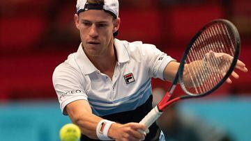 Diego Schwartzman of Argentina returns to Sam Querrey of US (unseen) during their ATP Open Tennis tournament match in Vienna, Austria, October 24, 2019. (Photo by Lukas HUTER / various sources / AFP) / Austria OUT
