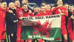 Gareth Bale with the famous 'Wales. Golf. Madrid' flag.