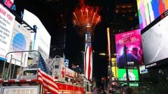 NEW YORK, NEW YORK - JULY 01: Fireworks are launched in Times Square as part of the annual Macy&#039;s 4th of July Fireworks on July 1, 2020 in New York City. This is the third night of July 4th firework displays in locations around the city that are kept