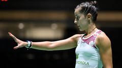 La jugadora española Carolina Marín reacciona durante su partido ante Akane Yamaguchi en el Mundial de Bádminton.