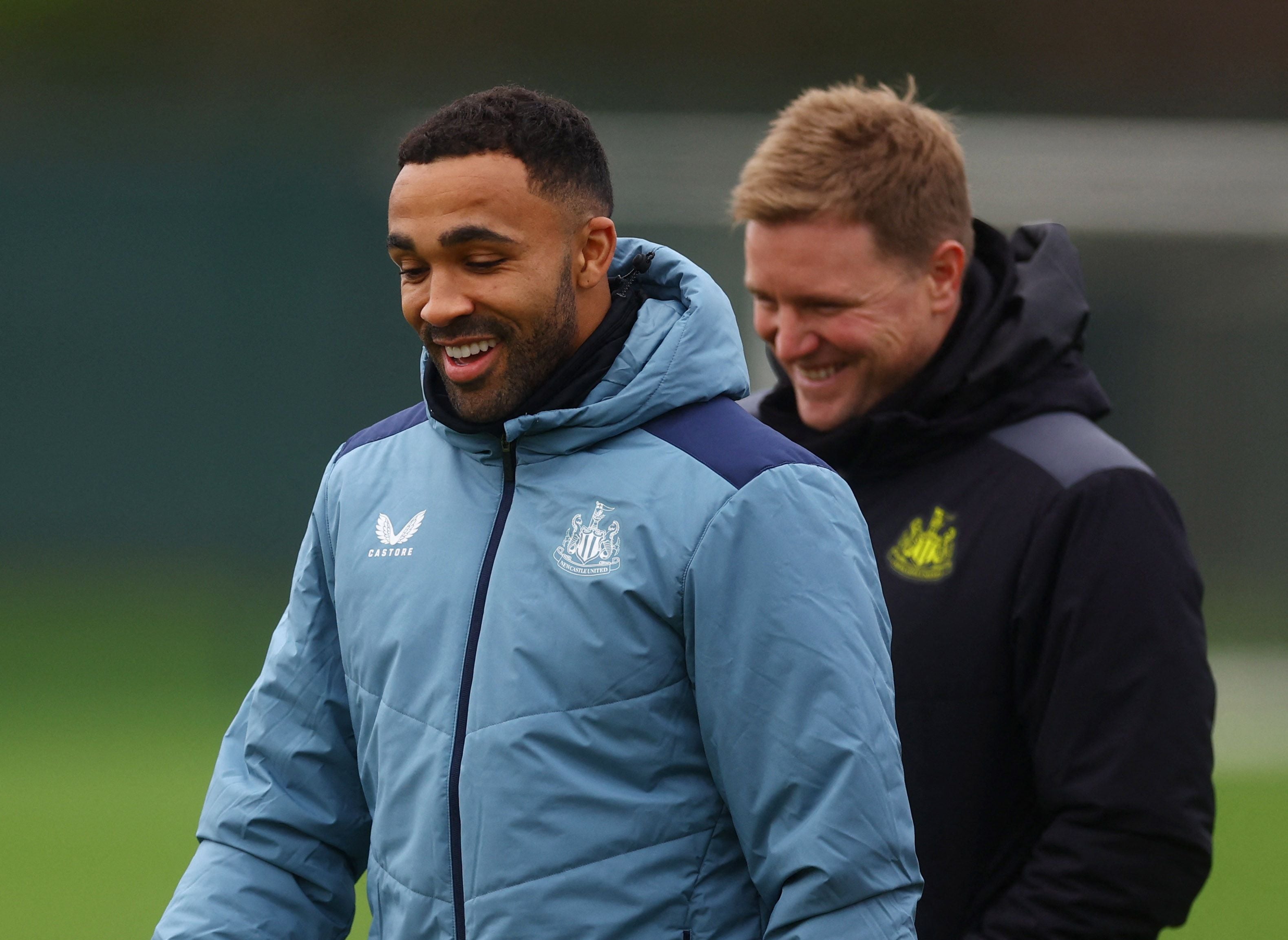 Soccer Football - Champions League - Newcastle United Training - Newcastle United Training Centre, Newcastle, Britain - December 12, 2023 Newcastle United's Callum Wilson and manager Eddie Howe during training Action Images via Reuters/Lee Smith