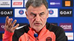 Paris Saint-Germain's French head coach Christophe Galtier gives a press conference at the club's "Camp des Loges" training ground in Saint-Germain-en-Laye, west of Paris on January 31, 2023. (Photo by Bertrand GUAY / AFP)