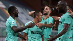 GENOA, ITALY - JULY 25: Alexis Sanchez of Internazionale celebrates with team mates after scoring to give the side a 2-0 lead during the Serie A match between Genoa CFC and FC Internazionale at Stadio Luigi Ferraris on July 25, 2020 in Genoa, Italy. (Photo by Jonathan Moscrop/Getty Images)