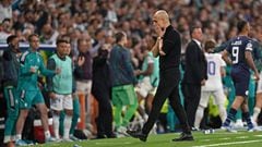 Pep Guardiola reacts during the semi-final defeat to Real Madrid.
