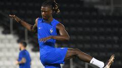 France's midfielder Eduardo Camavinga takes part in a  training session at Al Sadd SC Stadium in Doha on November 25, 2022, on the eve of the Qatar 2022 World Cup football tournament Group D match between France and Denmark. (Photo by FRANCK FIFE / AFP) (Photo by FRANCK FIFE/AFP via Getty Images)