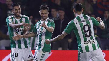 Ruben Castro celebrates with teammates after scoring for Real Betis