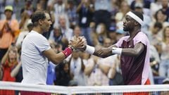 NEW YORK, NEW YORK - SEPTEMBER 05: Frances Tiafoe of the United States shakes hands after defeating Rafael Nadal of Spain during their Men�s Singles Fourth Round match on Day Eight of the 2022 US Open at USTA Billie Jean King National Tennis Center on September 05, 2022 in the Flushing neighborhood of the Queens borough of New York City.   Sarah Stier/Getty Images/AFP
== FOR NEWSPAPERS, INTERNET, TELCOS & TELEVISION USE ONLY ==