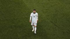 Argentina&#039;s Lionel Messi leaves the pitch after receiving the red card during the Copa America third-place soccer match against Chile at the Arena Corinthians in Sao Paulo, Brazil, Saturday, July 6, 2019. (AP Photo/Nelson Antoine)