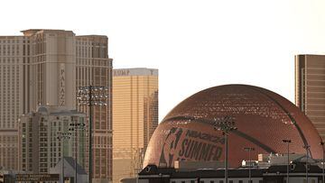 The MSG Sphere lit up as a basketball to celebrate the 2023 NBA Summer League in Las Vegas, Nevada, on July 9, 2023. (Photo by Patrick T. Fallon / AFP)