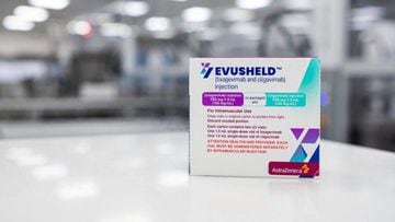 A photo taken on February 8, 2022 shows a box of Evusheld, a drug for antibody therapy developed by pharmaceutical company AstraZeneca for the prevention of COVID-19 in immunocompromised patients at the AstraZeneca facility for biological medicines in SxF
