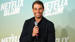 LAS VEGAS, NEVADA - MARCH 02: Rafael Nadal speaks onstage during The Netflix Slam media availability event at Mandalay Bay Resort and Casino on March 02, 2024 in Las Vegas, Nevada.   Chris Unger/Getty Images/AFP (Photo by Chris Unger / GETTY IMAGES NORTH AMERICA / Getty Images via AFP)