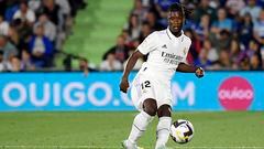 Real Madrid's French midfielder Eduardo Camavinga kicks the ball during the Spanish League football match between Getafe CF and Real Madrid CF at the Coliseo Alfonso Perez stadium in Getafe on October 8, 2022. (Photo by OSCAR DEL POZO CANAS / AFP)