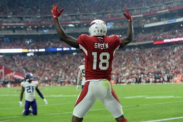 Sep 19, 2021; Glendale, Arizona, USA; Arizona Cardinals wide receiver A.J. Green (18) celebrates his touchdown against the Minnesota Vikings during the second half at State Farm Stadium. Mandatory Credit: Joe Camporeale-USA TODAY Sports