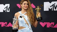 Shakira poses with her Video Vanguard Award and her and Karol G's Best Collaboration Award for "TQG" at the 2023 MTV Video Music Awards at the Prudential Center in Newark, New Jersey, U.S., September 12, 2023. REUTERS/Andrew Kelly