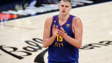 Jun 1, 2023; Denver, CO, USA; Denver Nuggets center Nikola Jokic (15) celebrates after game one of the 2023 NBA Finals against the Miami Heat at Ball Arena. Mandatory Credit: Isaiah J. Downing-USA TODAY Sports
