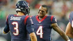 HOUSTON, TX - AUGUST 19: Tom Savage #3 of the Houston Texans i congratulated by Deshaun Watson #4 after throwin a touchdown pass in the first quarter at NRG Stadium on August 19, 2017 in Houston, Texas.   Bob Levey/Getty Images/AFP == FOR NEWSPAPERS, INTERNET, TELCOS &amp; TELEVISION USE ONLY ==