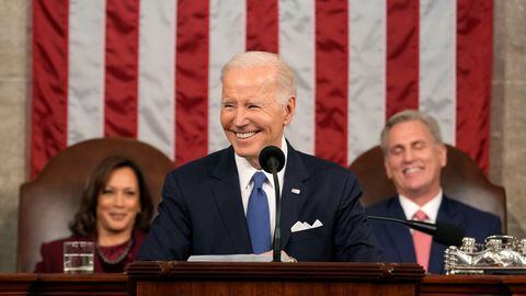 President Joe Biden delivers the State of the Union address to a joint session of Congress at the U.S. Capitol, Tuesday, Feb. 7, 2023, in Washington, as Vice President Kamala Harris and House Speaker Kevin McCarthy of Calif., watch. Jacquelyn Martin/Pool via REUTERS