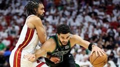 MIAMI, FLORIDA - MAY 25: Gabe Vincent #2 of the Miami Heat defends Jayson Tatum #0 of the Boston Celtics during the fourth quarter in Game Five of the 2022 NBA Playoffs Eastern Conference Finals at FTX Arena on May 25, 2022 in Miami, Florida. NOTE TO USER