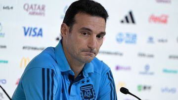 Argentina's coach #00 Lionel Scaloni gives a press conference at the Qatar National Convention Center (QNCC) in Doha on December 2, 2022, on the eve of the Qatar 2022 World Cup football match between Argentina and Australia. (Photo by JUAN MABROMATA / AFP)