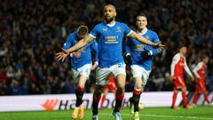 GLASGOW, SCOTLAND - APRIL 14: Kemar Roofe of Rangers celebrates with teammates John Lundstram and Ryan Kent of Rangers after scoring their team&#039;s third goal during the UEFA Europa League Quarter Final Leg Two match between Rangers FC and Sporting Bra