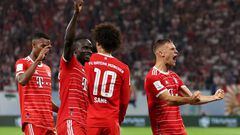 LEIPZIG, GERMANY - JULY 30: Leroy Sane of Bayern Munich celebrates scoring their side's fifth goal with teammates Sadio Mane and Leon Goretzka during the Supercup 2022 match between RB Leipzig and FC Bayern München at Red Bull Arena on July 30, 2022 in Leipzig, Germany. (Photo by Alexander Hassenstein/Getty Images)