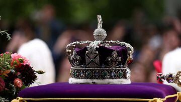 Imperial State Crown is seen on the coffin of Britain's Queen Elizabeth on the day of her state funeral and burial, in London, Britain, September 19, 2022. REUTERS/Tom Nicholson