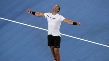 Spain&#039;s Rafael Nadal celebrates beating France&#039;s Gael Monfils in their men&#039;s singles fourth round match on day eight of the Australian Open