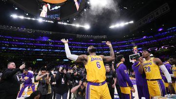 May 22, 2023; Los Angeles, California, USA; Los Angeles Lakers forward LeBron James (6) throws chalk in the air before the game against the Denver Nuggets in game four of the Western Conference Finals for the 2023 NBA playoffs at Crypto.com Arena. Mandatory Credit: Kirby Lee-USA TODAY Sports