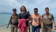 Daniel Sancho Bronchalo, the son of Spanish actor Rodolfo Sancho Aguirre is escorted while assisting Thai police with investigations after he was arrested on charges of murder in the death and dismemberment of his Colombian travelling companion Edwin Arrieta Arteaga on the tourist island of Koh Phangan, Thailand August 7, 2023. REUTERS/Stringer   NO RESALES. NO ARCHIVES