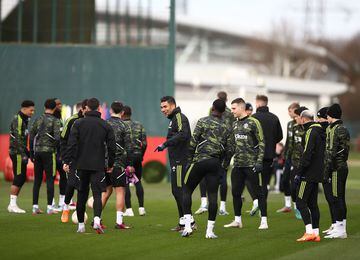 Manchester United's squad during a training session in the lead up to the game against FC Barcelona in the UEFA Europa League.