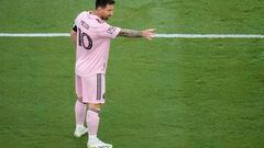 Jul 25, 2023; Fort Lauderdale, FL, USA; Inter Miami CF forward Lionel Messi (10) celebrates after scoring against Atlanta United during the first half at DRV PNK Stadium. Mandatory Credit: Nathan Ray Seebeck-USA TODAY Sports