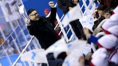 GANGNEUNG, SOUTH KOREA - FEBRUARY 14: An impersonator of Kim Jong-un, President of North Korea during the Ice Hockey Women Preliminary Round match between Korea and Japan at Kwandong Hockey Centre on February 14, 2018 in Gangneung, South Korea. (Photo by 