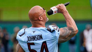 ARLINGTON, TEXAS - FEBRUARY 18: XFL owner Dwayne Johnson talks on the field before the game between the Arlington Renegades and the Vegas Vipers at Choctaw Stadium on February 18, 2023 in Arlington, Texas. (Photo by Sam Hodde/Getty Images)