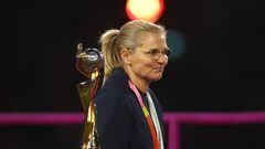 Soccer Football - FIFA Women's World Cup Australia and New Zealand 2023 - Final - Spain v England - Stadium Australia, Sydney, Australia - August 20, 2023 England manager Sarina Wiegman walks past the trophy after collecting her runners up medal REUTERS/Carl Recine