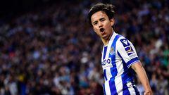 Real Sociedad's Japanese forward Takefusa Kubo celebrates after scoring his team's first goal during the Spanish league football match between Real Sociedad and UD Almeria at the Reale Arena stadium in San Sebastian on May 23, 2023. (Photo by ANDER GILLENEA / AFP)