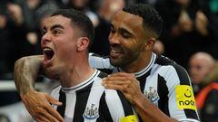 Newcastle United's Miguel Almiron (left) celebrates scoring their side's fourth goal of the game with team-mate Callum Wilson during the Premier League match at St. James' Park, Newcastle. Picture date: Saturday October 29, 2022. (Photo by Owen Humphreys/PA Images via Getty Images)