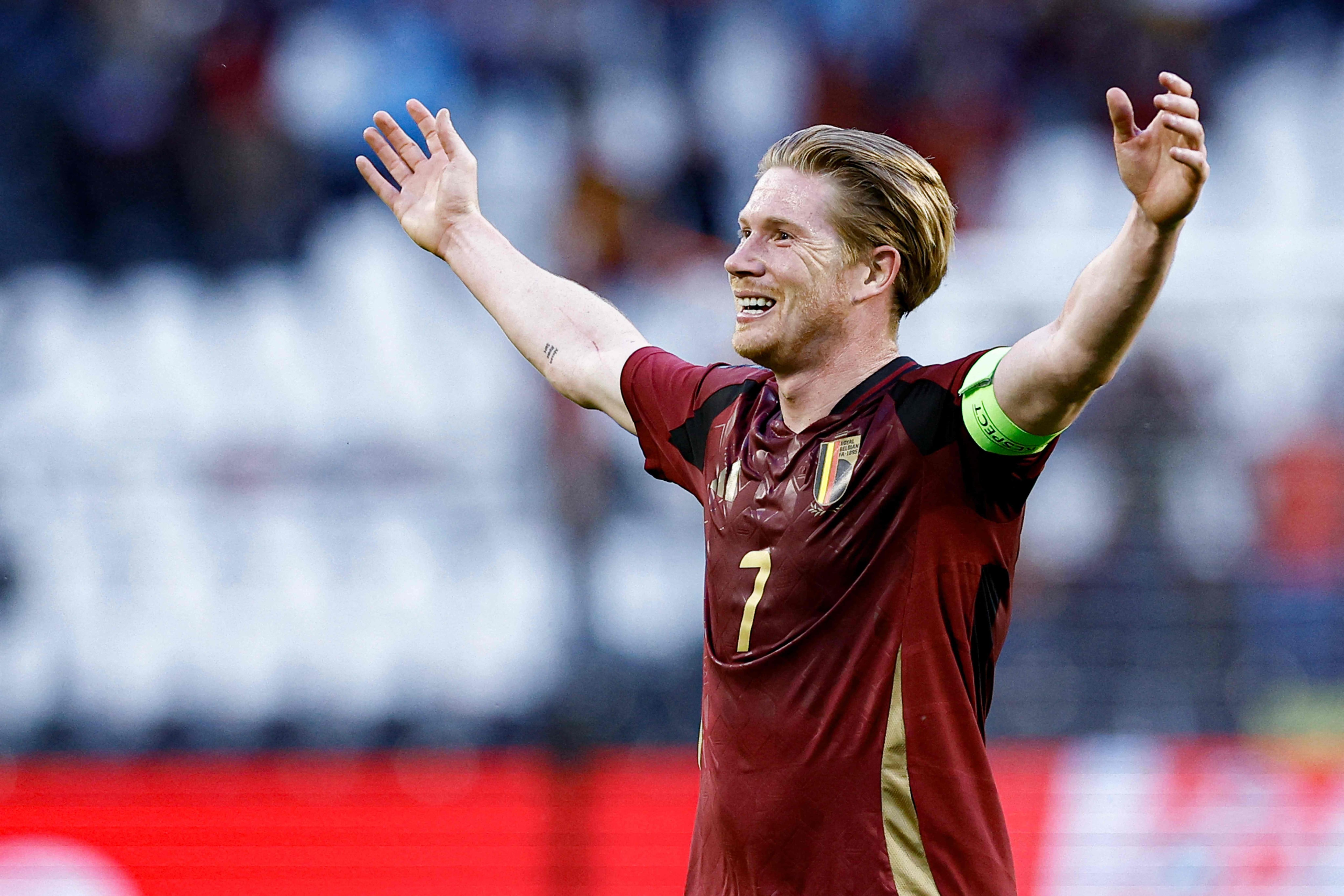 Belgium's midfielder #07 Kevin De Bruyne celebrates after scoring a goal during the International friendly football match between Belgium and Montenegro at the Baudoin King Stadium in Brussels on June 5, 2024. (Photo by Kenzo TRIBOUILLARD / AFP)