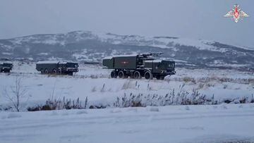 A view shows military vehicles of the Bastion coastal missile system that went on duty on the Kuril island of Paramushir, Russia, which is one of the islands claimed by Japan and also known as the Northern Territories, in this still image taken from video released on December 5, 2022. Russian Defence Ministry/Handout via REUTERS  ATTENTION EDITORS - THIS IMAGE WAS PROVIDED BY A THIRD PARTY. NO RESALES. NO ARCHIVES. MANDATORY CREDIT. PICTURE WATERMARKED AT SOURCE.
