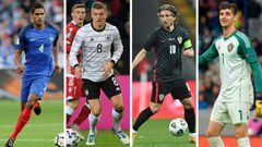 Raphael Varane (Francia), Toni Kroos (Alemania), Luka Modric (Croacia) y Thibaut Courtois (B&eacute;lgica), internacionales del Real Madrid en la Eurocopa 2020.