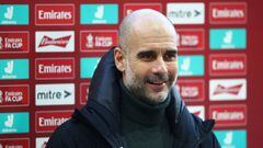 SWANSEA, WALES - FEBRUARY 10: Pep Guardiola, Manager of Manchester City reacts during a TV interview prior to The Emirates FA Cup Fifth Round match between Swansea City and Manchester City at Liberty Stadium on February 10, 2021 in Swansea, Wales. Sportin