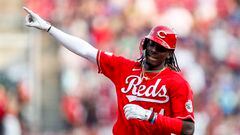Jun 7, 2023; Cincinnati, Ohio, USA; Cincinnati Reds shortstop Elly De La Cruz (44) reacts after hitting a two-run home run in the first inning against the Los Angeles Dodgers at Great American Ball Park. Mandatory Credit: Katie Stratman-USA TODAY Sports