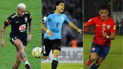 Neymar, Suárez, Sanchez representing Brazil, Uruguay and Chile.
