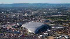 An aerial view of SoFi Stadium, the site of Super Bowl LVI between the Cincinnati Bengals and Los Angeles Rams. 