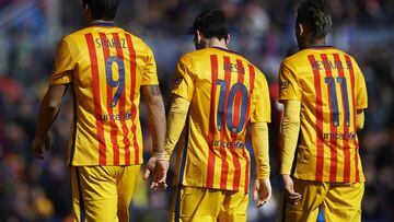  Luis Suarez, Lionel Messi and Neymar JR of Barcelona walk on the pitch during the La Liga match between Levante UD and FC Barcelona at Ciutat de Valencia 