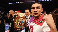 LAS VEGAS, NEVADA - FEBRUARY 08: Teofimo Lopez celebrates defeating Jamaine Ortiz to retain the WBO junior welterweight title at Michelob ULTRA Arena on February 08, 2024 in Las Vegas, Nevada.   Jamie Squire/Getty Images/AFP (Photo by JAMIE SQUIRE / GETTY IMAGES NORTH AMERICA / Getty Images via AFP)