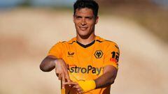 BENIDORM, SPAIN - JULY 20: Raul Jimenez of Wolverhampton Wanderers celebrates after scoring their team's first goal during a pre-season friendly match between Deportivo Alaves and Wolverhampton Wanderers at Estadio Camilo Cano on July 20, 2022 in Benidorm, Spain. (Photo by Aitor Alcalde/Getty Images)